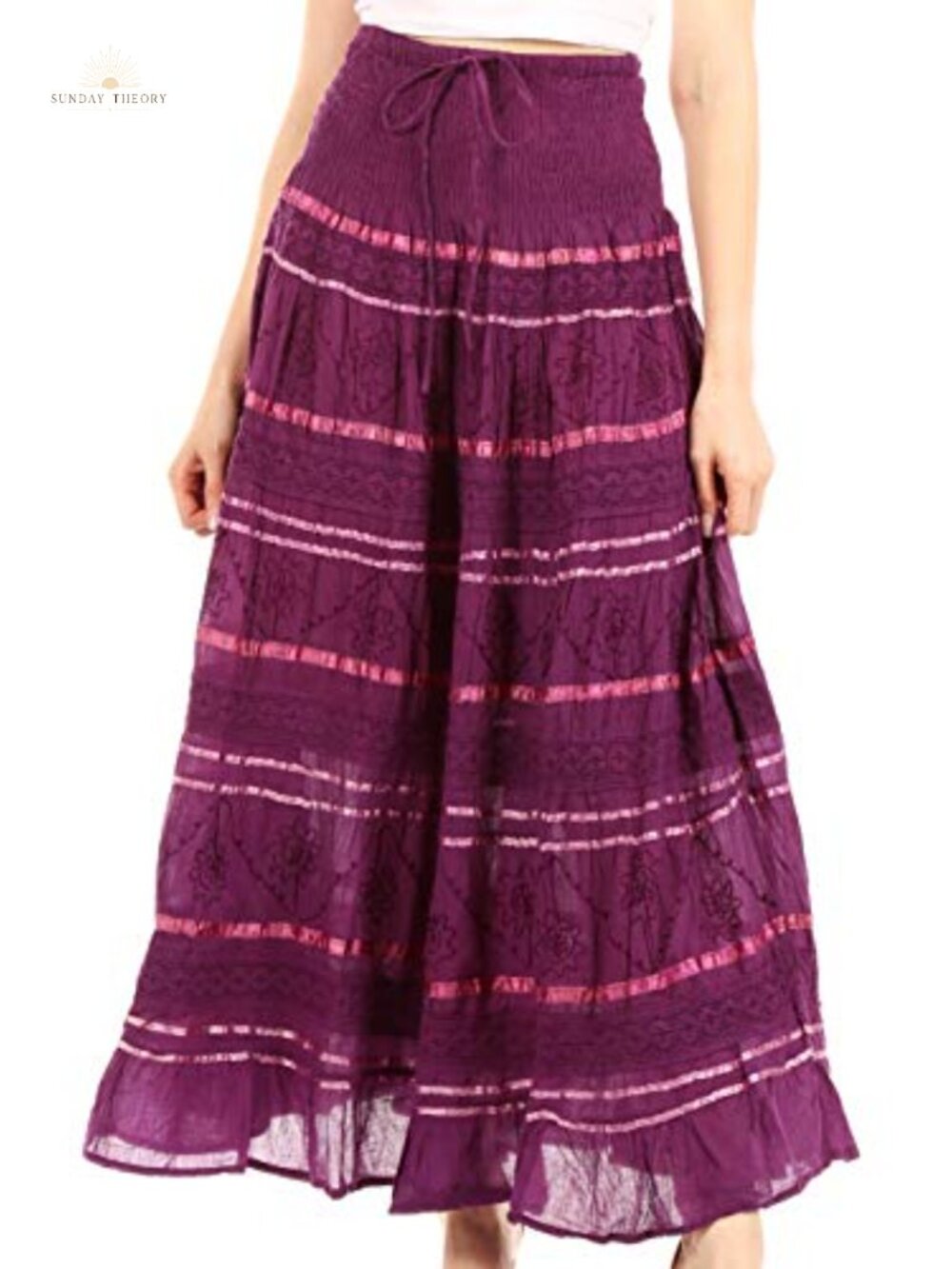 Peasant Boho Embroidered Lace Ribbon Tiered Cotton Skirt